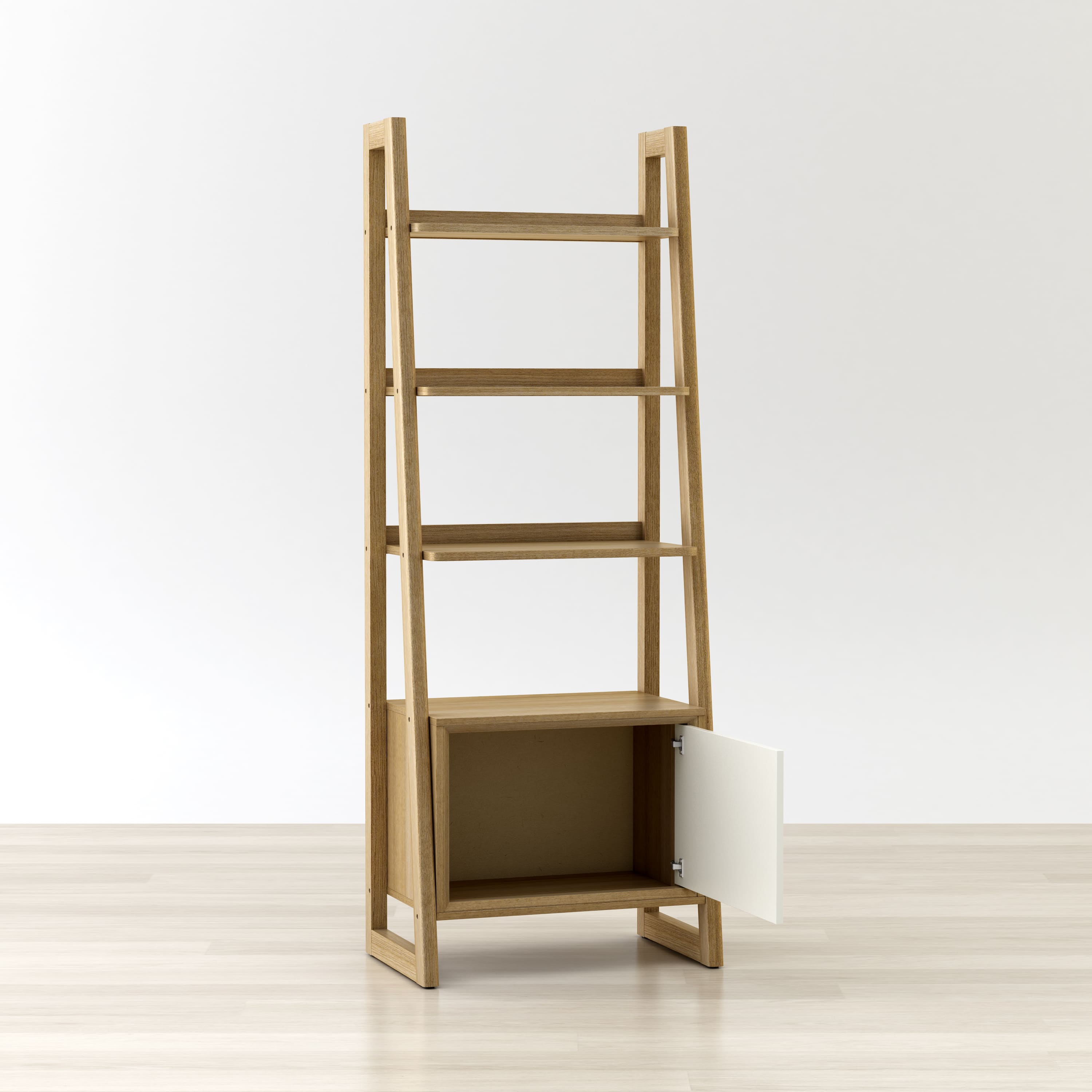 Anderson teak ladder bookshelf with drawer - open view