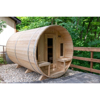 Dundalk Leisurecraft 8 person outdoor barrel sauna side view