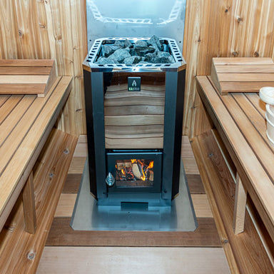 Dundalk Leisurecraft Karhu wood burning sauna stove inside sauna