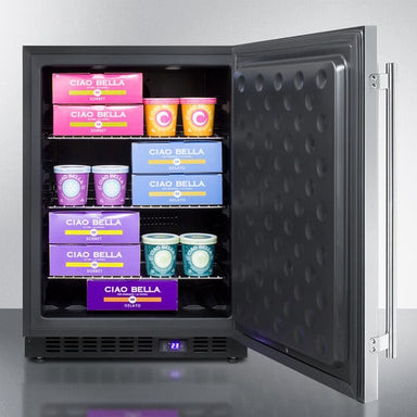 Summit Appliance upright freezer open with treats
